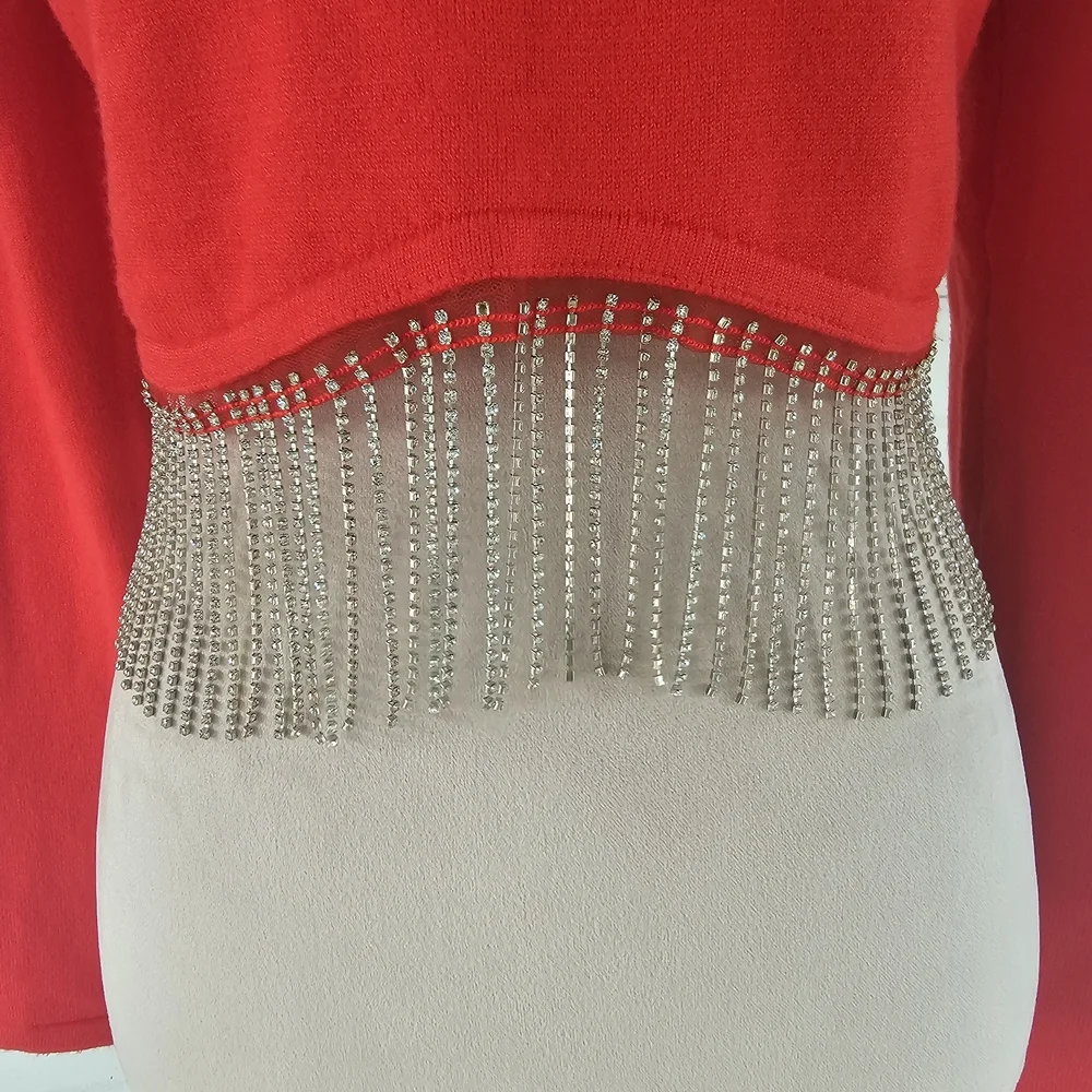 Forever 21 Woman's Red Rhinestone Fringe Hem Long Sleeve Knit Top Party Glam L